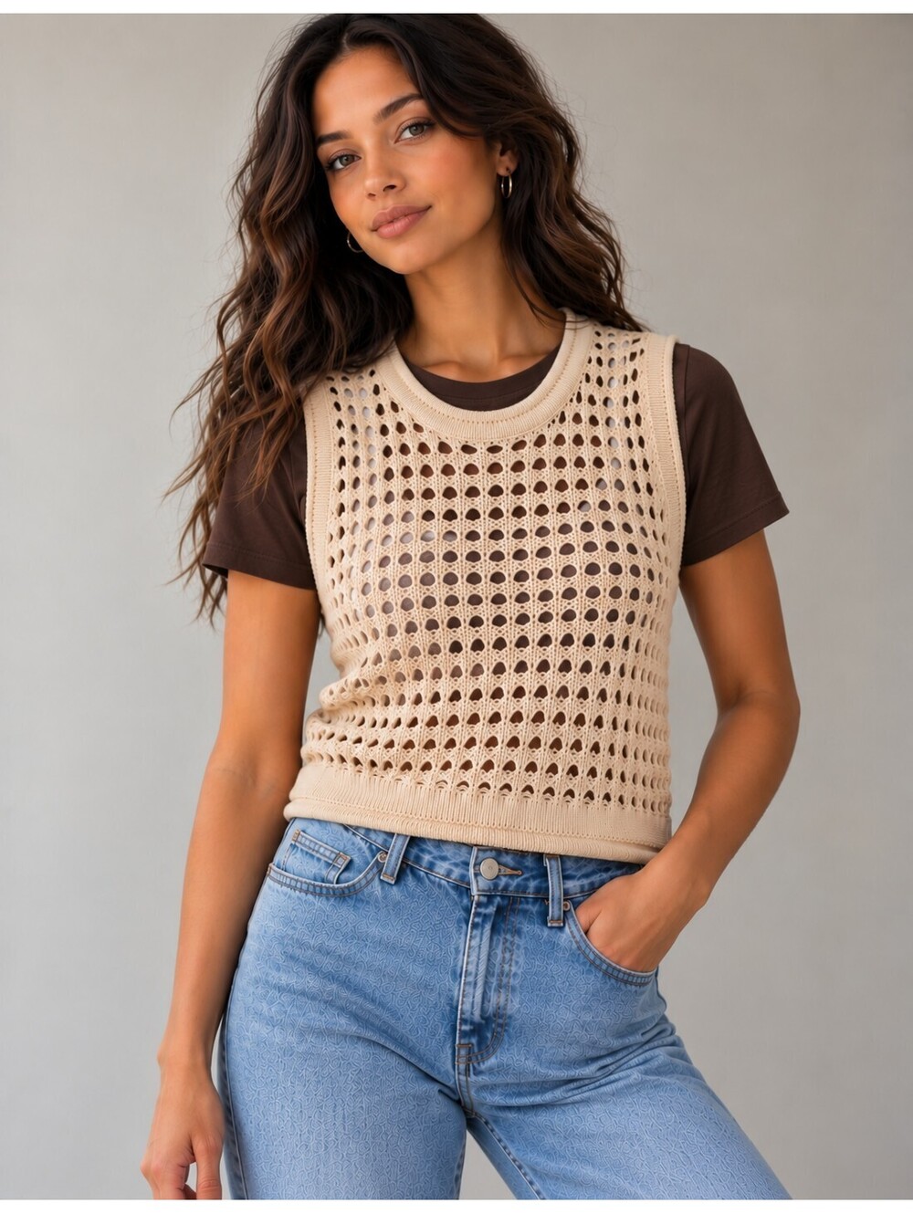 Dreamers by Debut Beige Crochet Open Knit Sweater Vest – Size M NWT